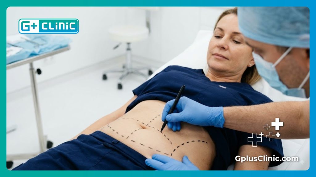 Surgeon drawing pre-operative marking lines on patient abdominal skin