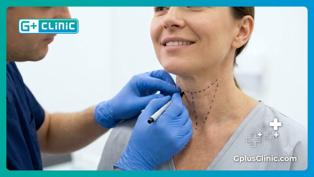Precision marking on the throat area for advanced vocal cord treatment.