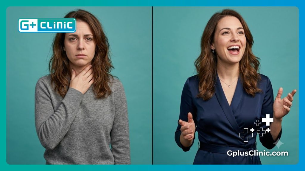 Before and after split screen showing a woman successfully regaining her voice.
