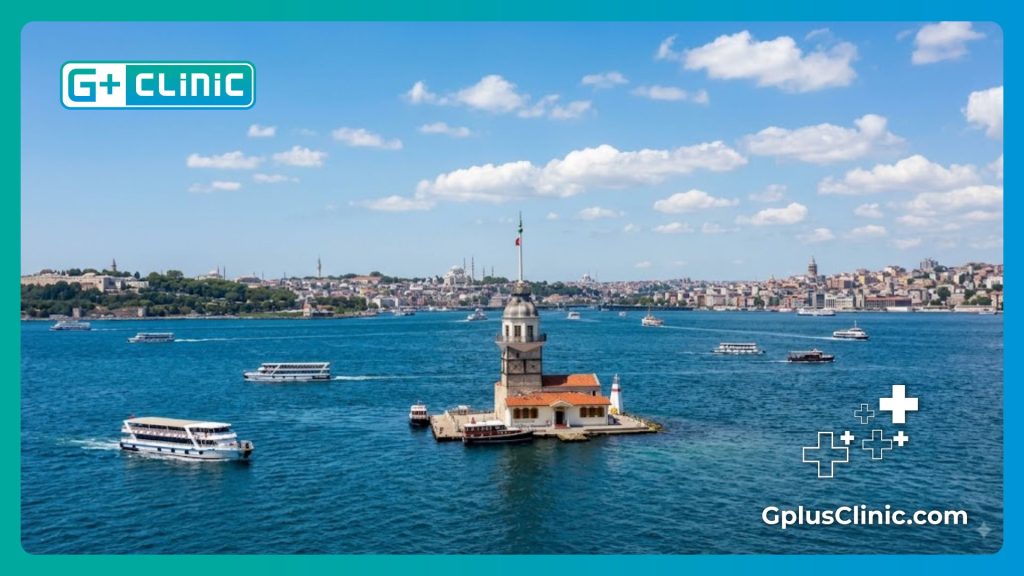 Doctor recibiendo al paciente en la hermosa ciudad de Estambul junto al Bósforo