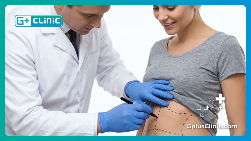 Cirujano marcando cuidadosamente las pautas médicas en el área abdominal del paciente.