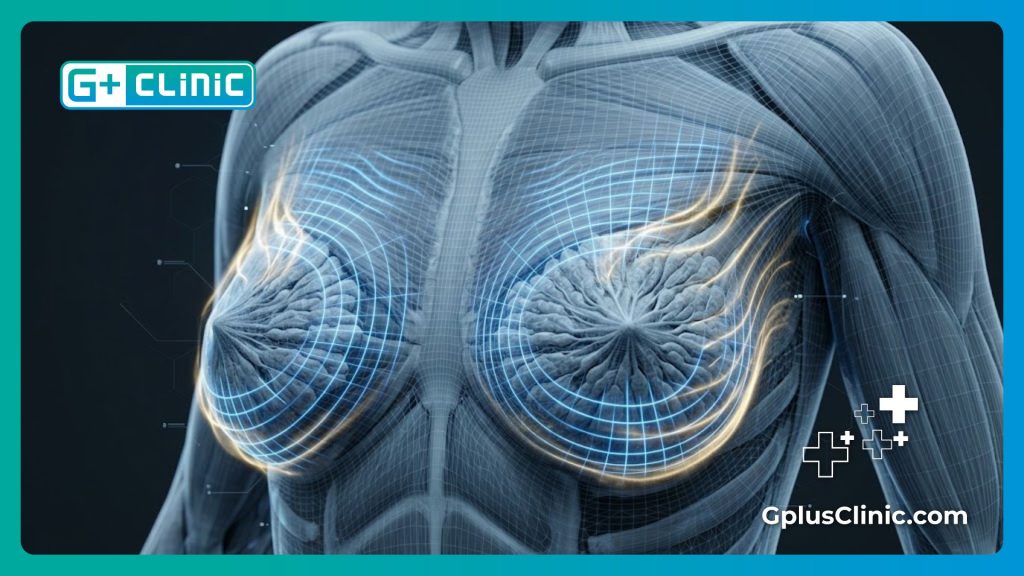 Visualización 3D de alta tecnología que muestra la energía láser tensando el tejido mamario.