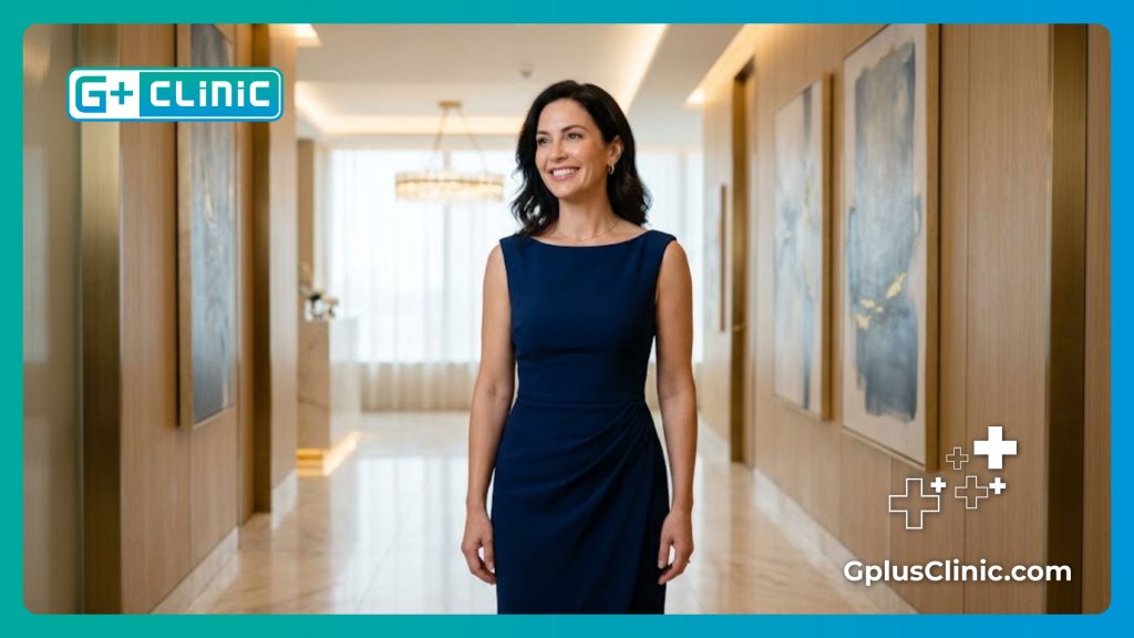 Mujer elegante y segura de sí misma luciendo los resultados perfectos del procedimiento estético.