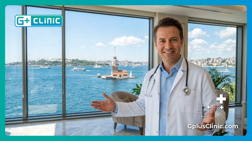 Médico sonriente dando la bienvenida en una clínica de lujo en Estambul con vistas al Bósforo.