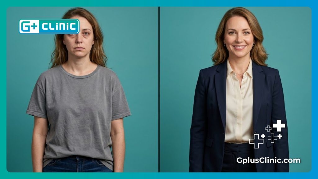 High-tech split-screen visualization of patient transformation