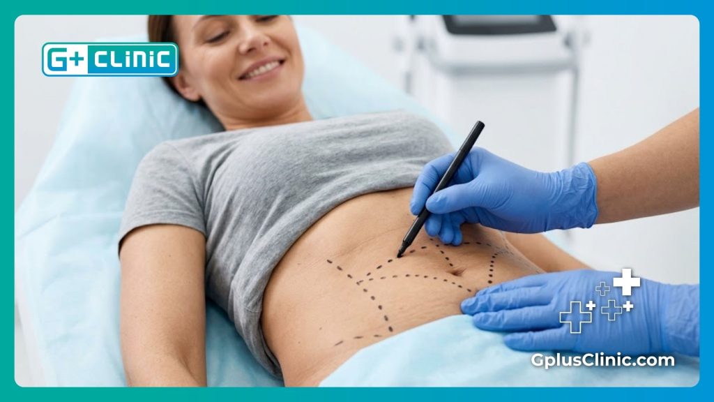 Cosmetic specialist marking treatment areas on a patient's abdomen