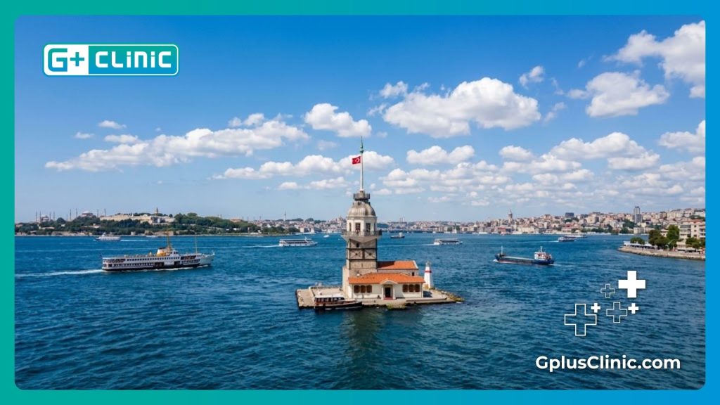 Beautiful wide shot of the Bosphorus Strait and Maiden's Tower in Istanbul