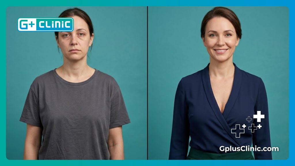 Split screen comparison showing before and after results of a non surgical breast lift