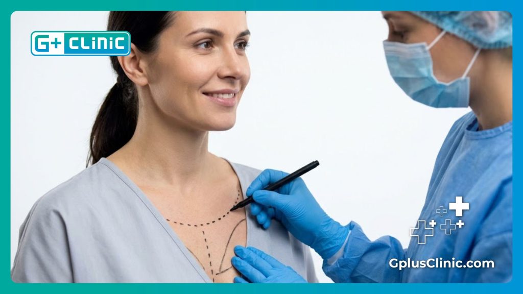 Close up of doctor drawing precise surgical guidelines on chest area for treatment