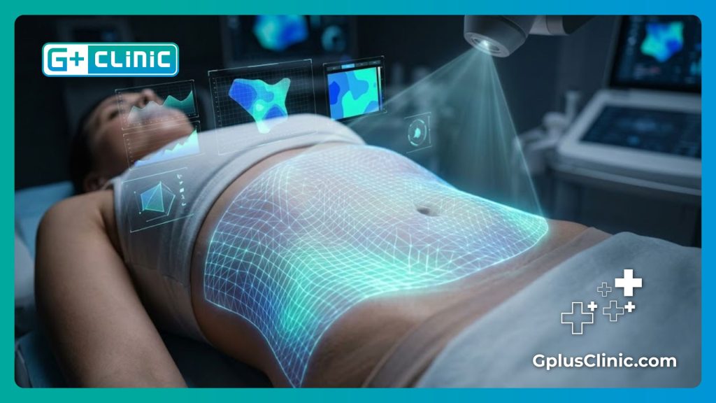 High-tech digital 3D mesh scan analyzing abdominal skin tension and elasticity for body contouring