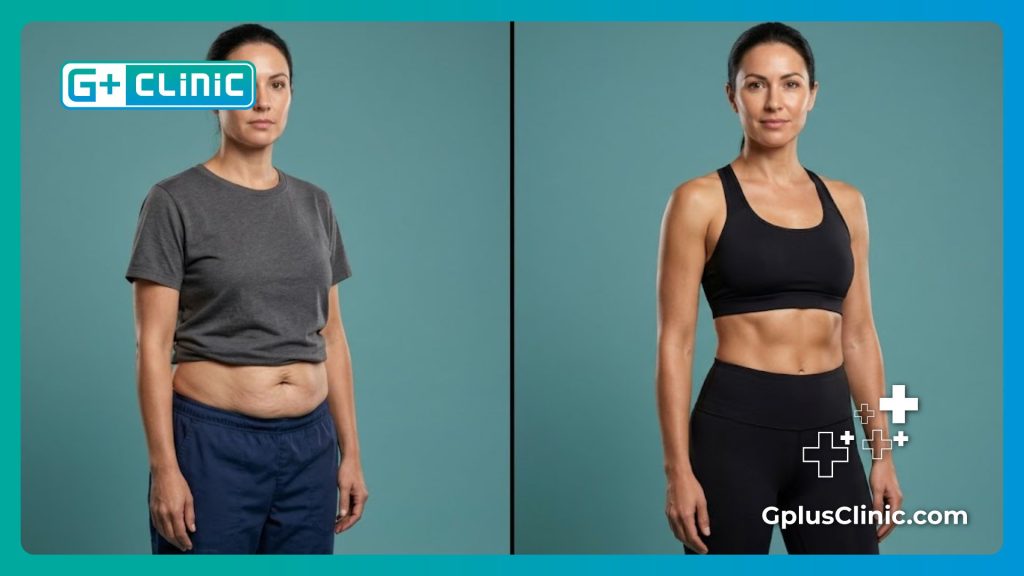 Split-screen before and after comparison showing flawless postpartum abdominal skin tightening results