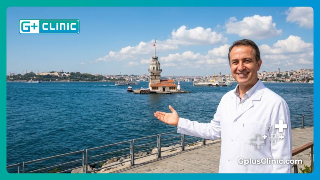 Smiling professional cosmetic surgeon welcoming a patient to Istanbul by the Bosphorus Strait