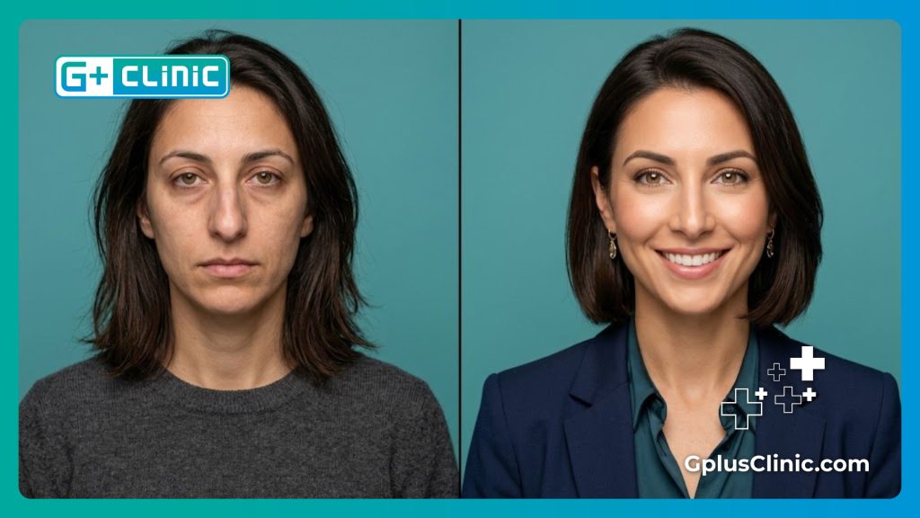 Comparaison avant et après d'une rhinoplastie réussie chez une patiente
