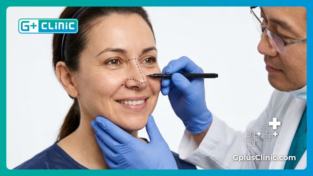 Chirurgien traçant des lignes de repère chirurgicales sur le nez d'une patiente