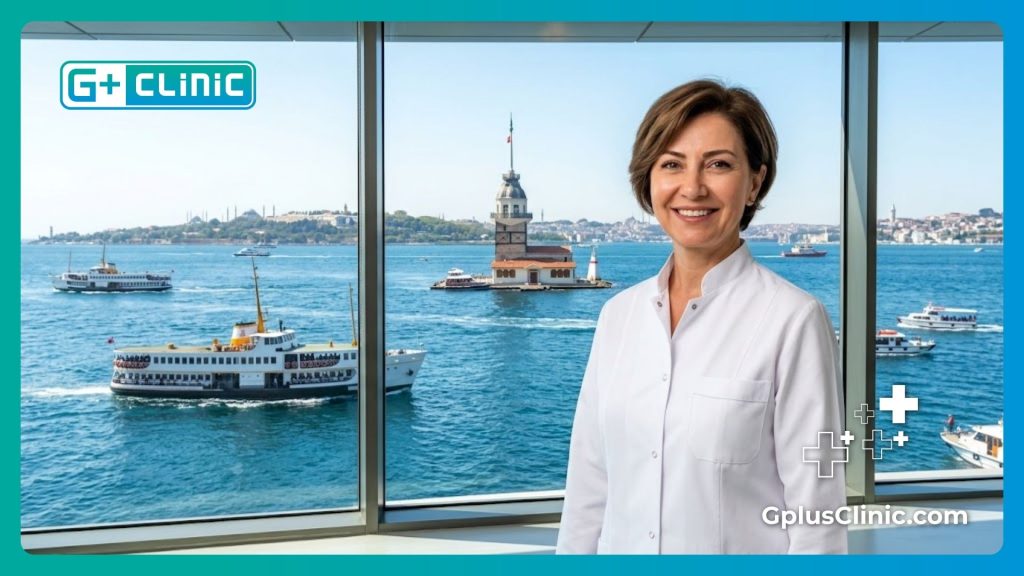 Chirurgien esthétique accueillant une patiente devant le détroit du Bosphore