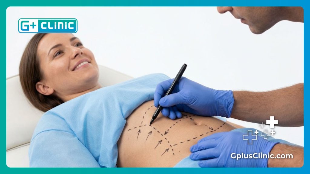 دكتور التجميل يقوم برسم الخطوط الجراحية الدقيقة على منطقة البطن استعداداً للإجراء.