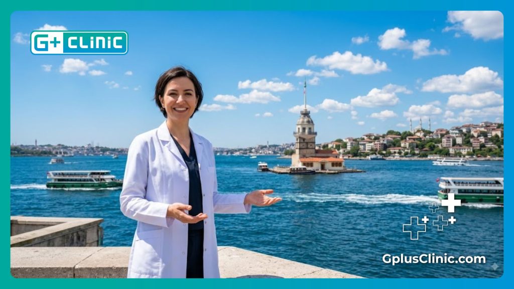 Doctor dando la bienvenida a los pacientes en Estambul frente a la Torre de la Doncella