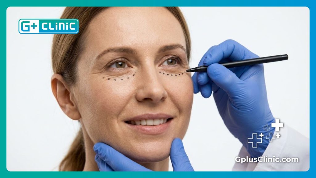 Especialista marcando el contorno de ojos para asegurar una aplicación precisa del relleno