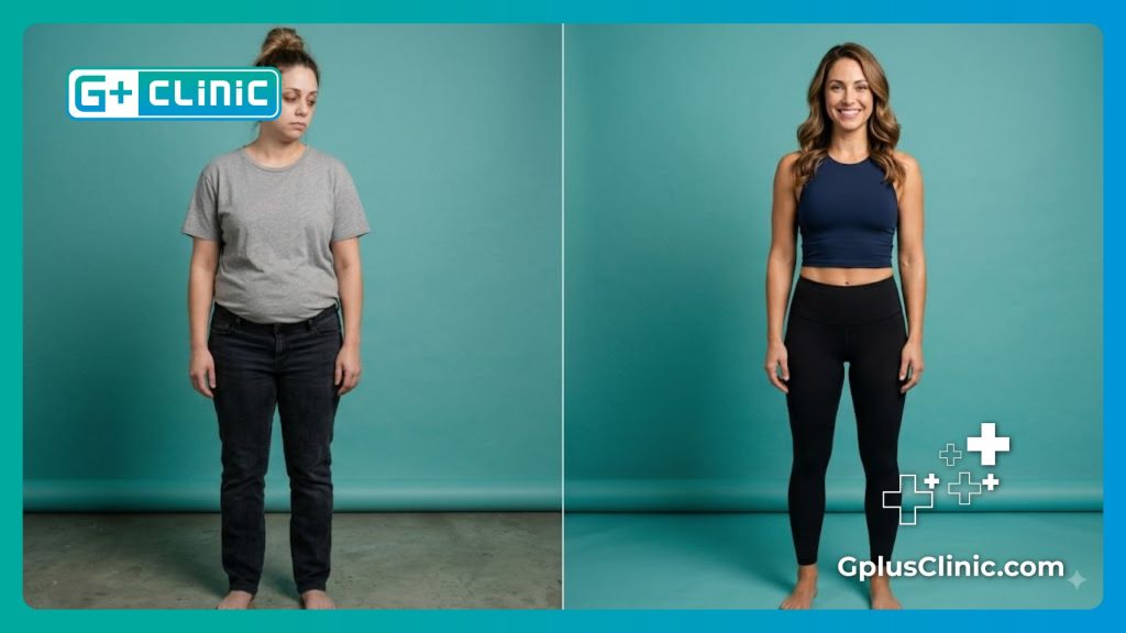 Transformación física de contorno corporal antes y después en pantalla dividida