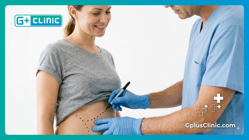 Cirujano plástico dibujando marcas quirúrgicas precisas para lipoescultura