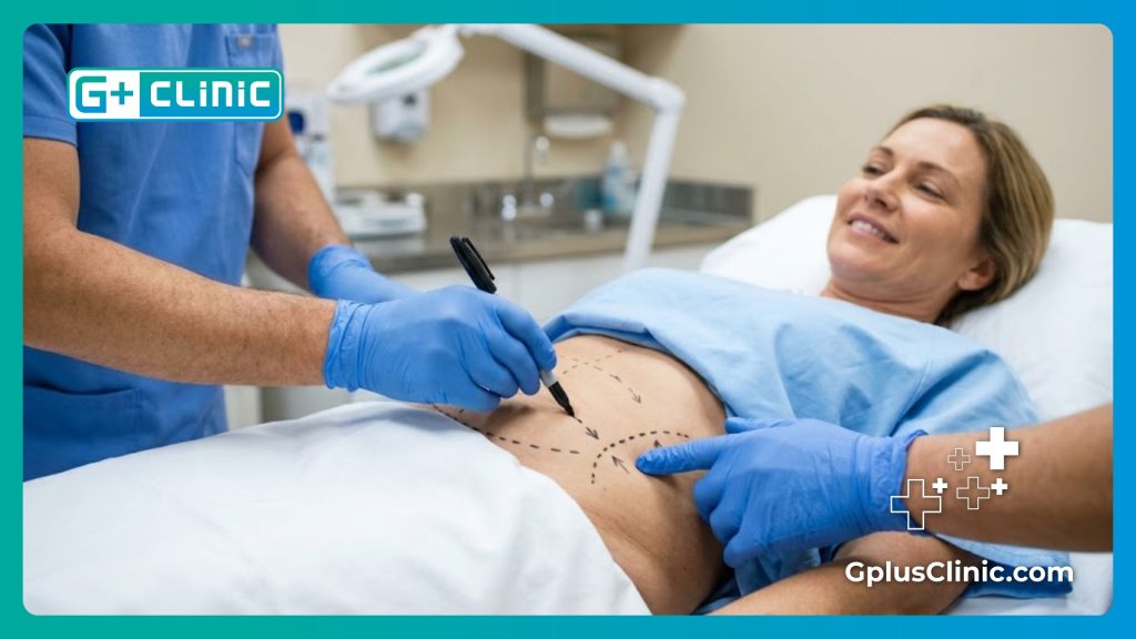 جراح التجميل يقوم برسم خطوط التخطيط الجراحي الدقيقة لمنطقة الخصر