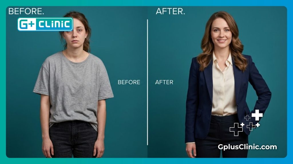 Comparación de pantalla dividida que muestra la transformación antes y después de la cirugía