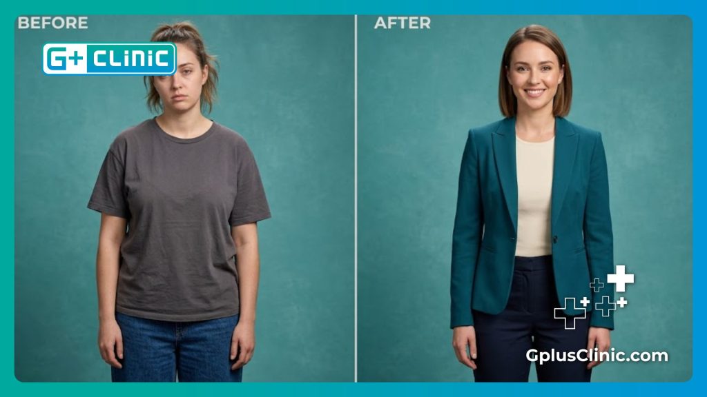 Imagen dividida mostrando la transformación de antes y después de reducción mamaria