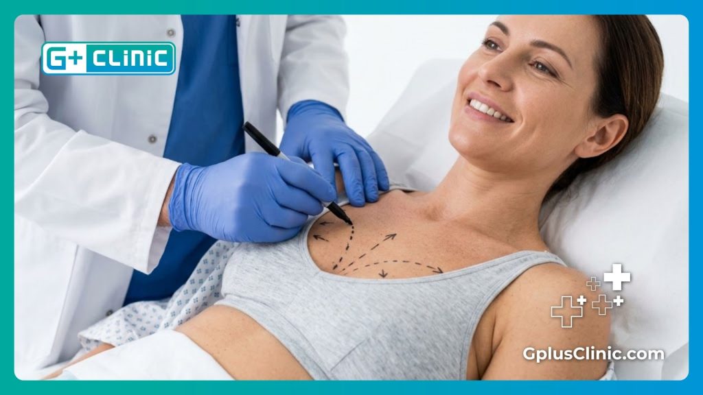 Surgeon making precise surgical markings for breast procedure