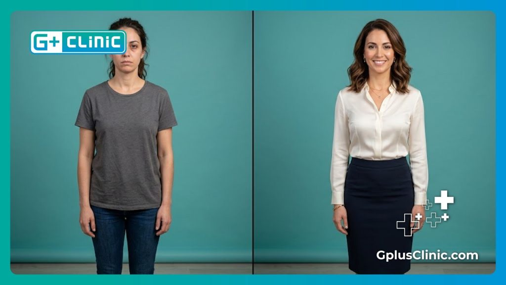 Split screen showing successful breast transformation results