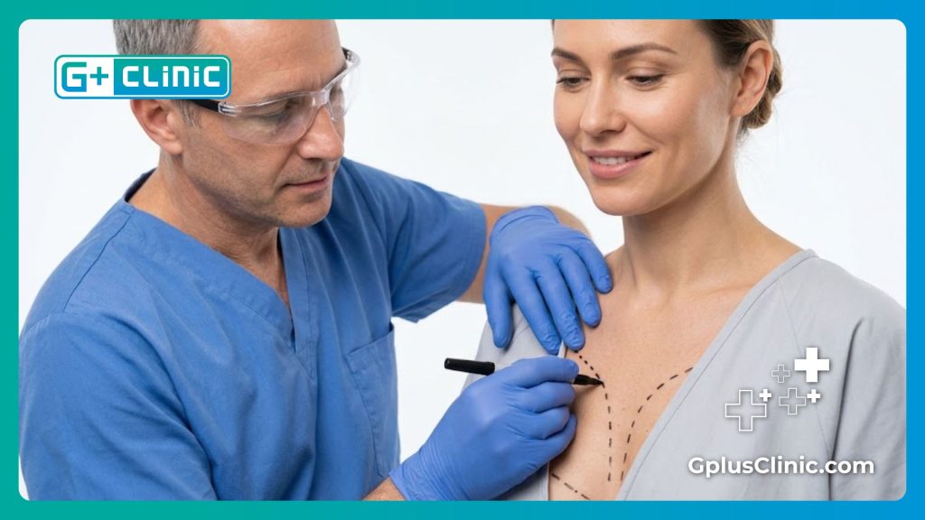 Marquage chirurgical de précision avant une intervention esthétique de la poitrine