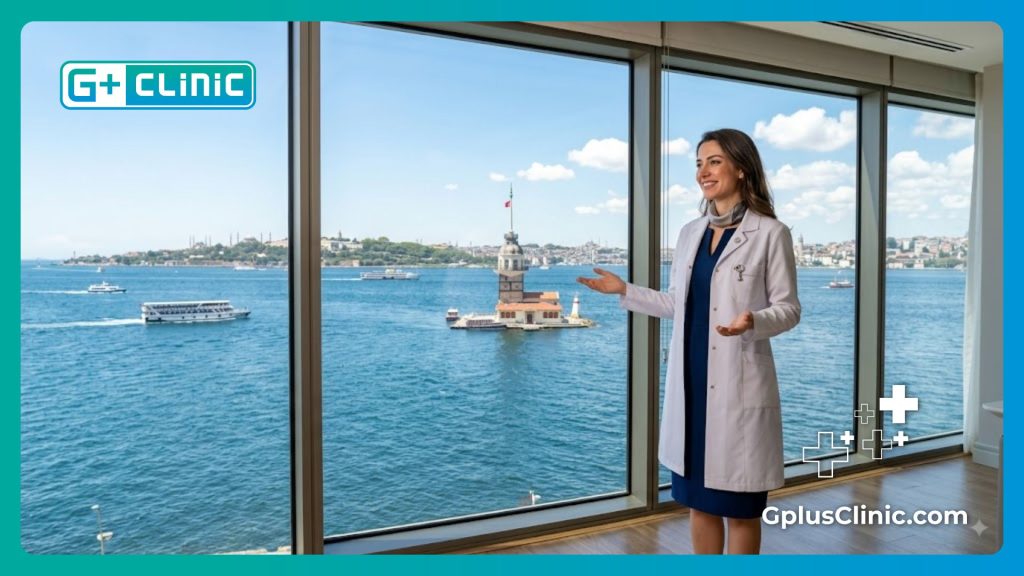Médecin accueillant les patients à Istanbul avec vue panoramique sur la tour de Léandre.