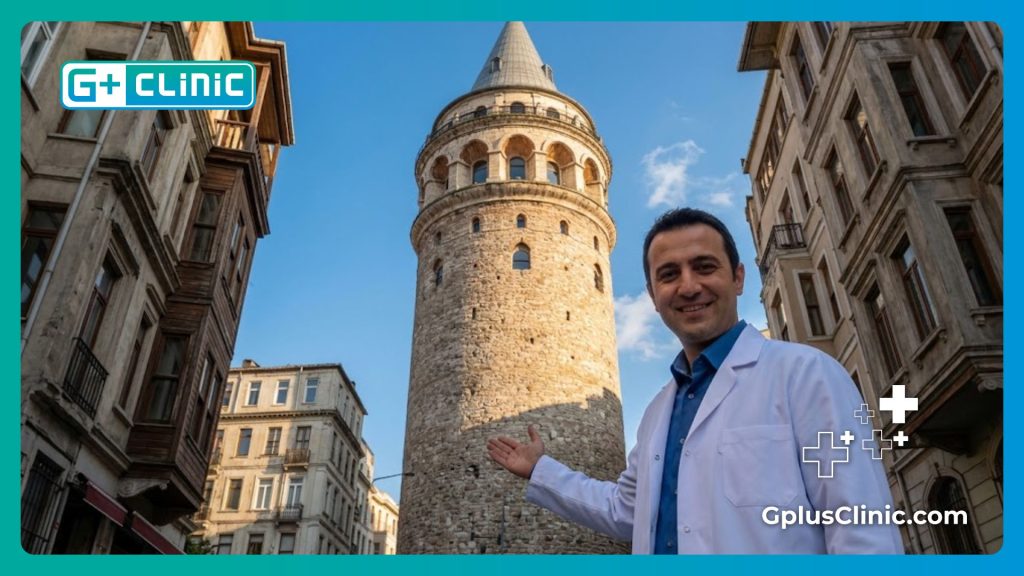 دكتور تجميل يرحب بالمريضة في اسطنبول أمام برج غلطة التاريخي