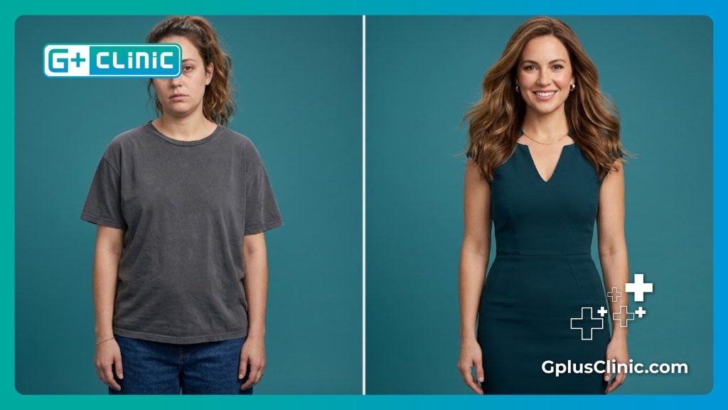 Comparaison avant et après illustrant la transformation corporelle post-maternité.