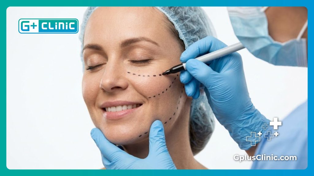 Médico marcando el rostro del paciente para el procedimiento de peeling