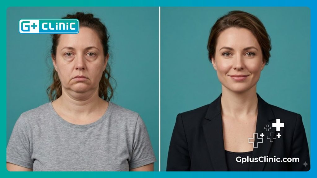 Comparativa de antes y después de liposucción de papada y cuello mostrando mandíbula definida