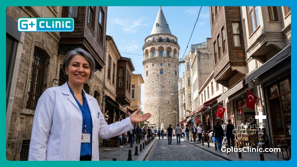 Friendly cosmetic surgeon welcoming patients to Istanbul with Galata Tower in the background