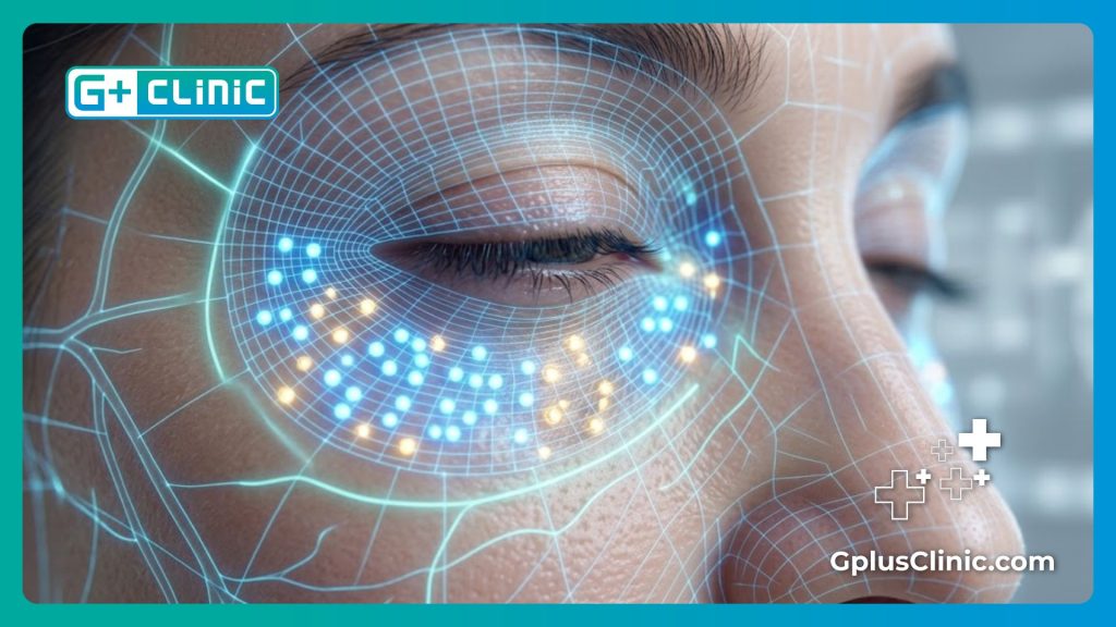 Visualisation numérique avancée de la peau et des zones d'hydratation sous les yeux.