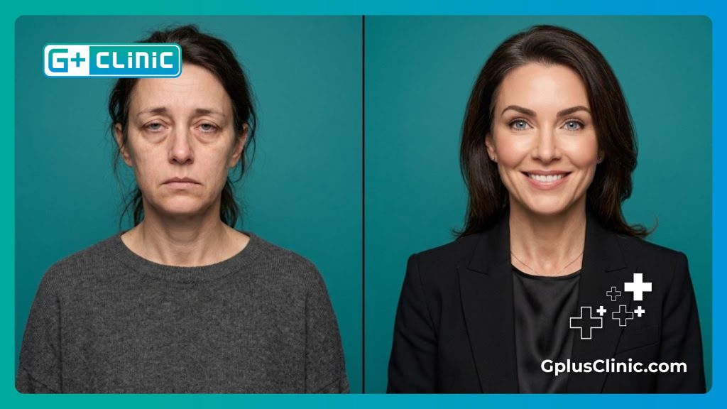 Pantalla dividida que muestra el antes y el después de una paciente tras una cirugía de cejas y ojos.
