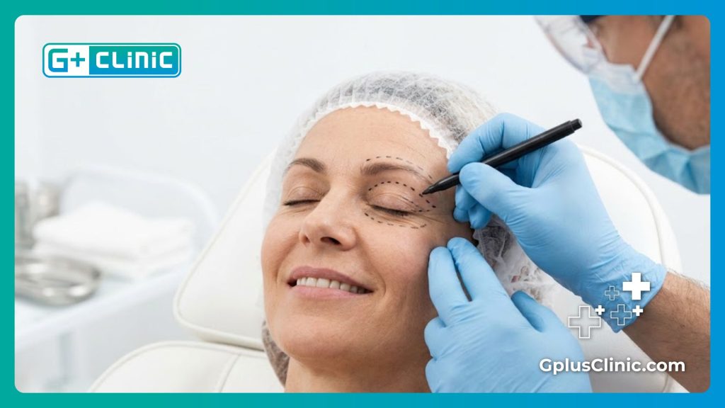 Primer plano de un cirujano dibujando líneas de guía quirúrgica en el rostro de una paciente relajada.