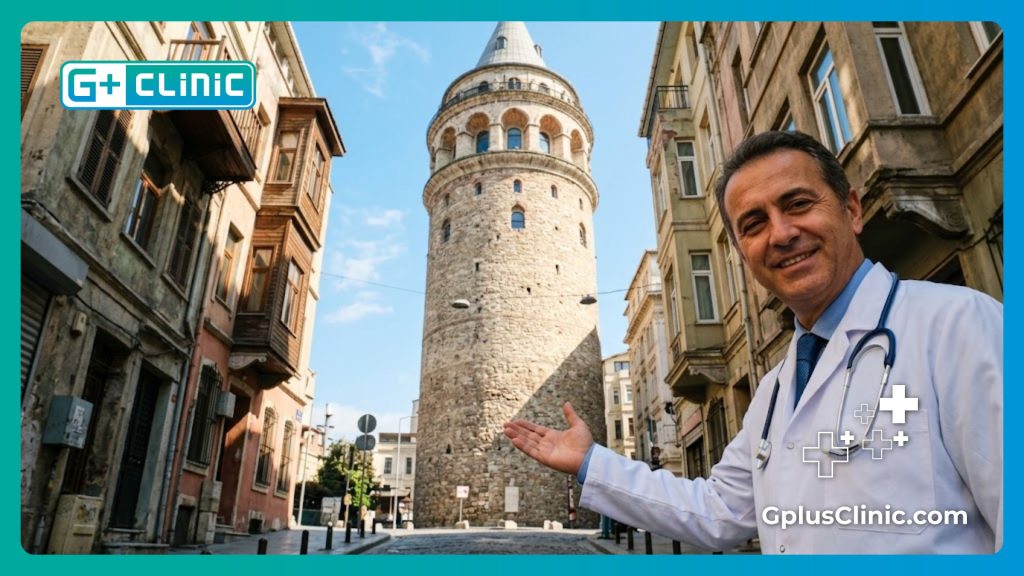 Doctor amable dando la bienvenida a los pacientes en Estambul cerca de la Torre Gálata.