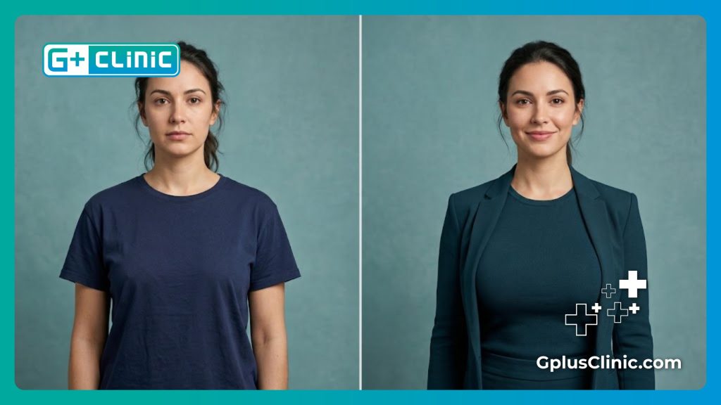 Photorealistic split-screen comparison illustrating natural fat grafting breast transformation results