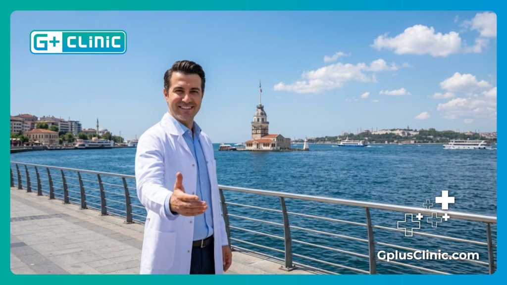 Chirurgien accueillant un patient avec le détroit du Bosphore en arrière-plan.