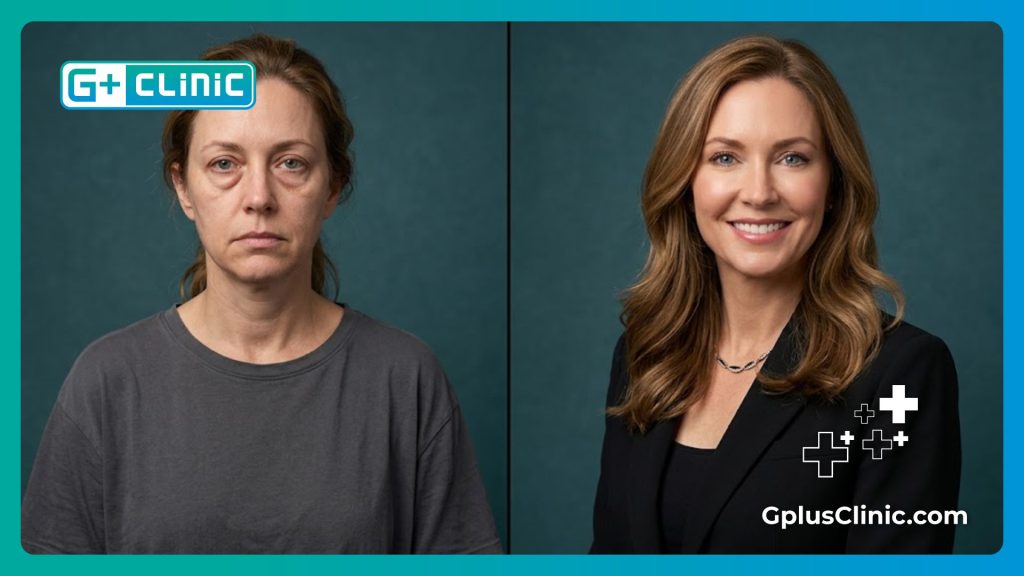 High-resolution split screen showing a patient before and after lower eyelid rejuvenation.