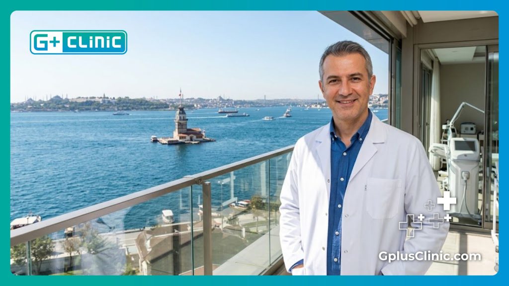 Chirurgien esthétique accueillant un patient à Istanbul avec vue sur le Bosphore.