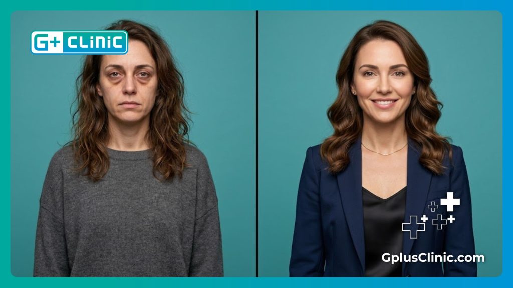 Split screen scan comparing before and after under-eye hollowness treatment.