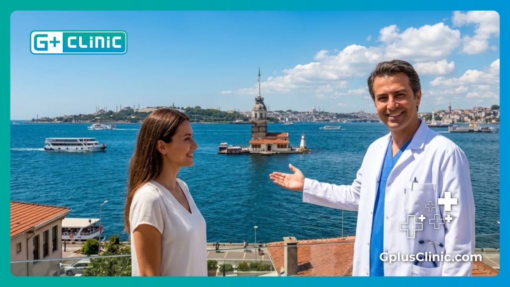 Friendly doctor welcoming patient in Istanbul for aesthetic treatments.