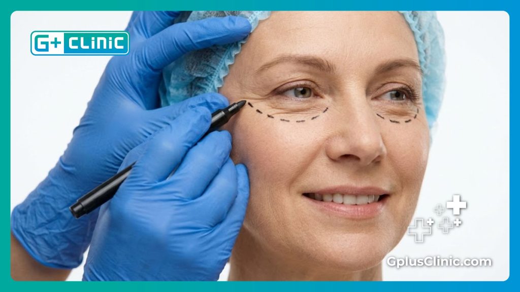طبيب يقوم بتحديد منطقة تحت العين بدقة قبل الإجراء التجميلي.