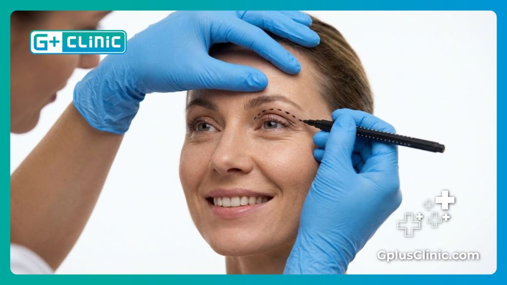 Close-up of a cosmetic surgeon marking the upper eyelids prior to a precision blepharoplasty.
