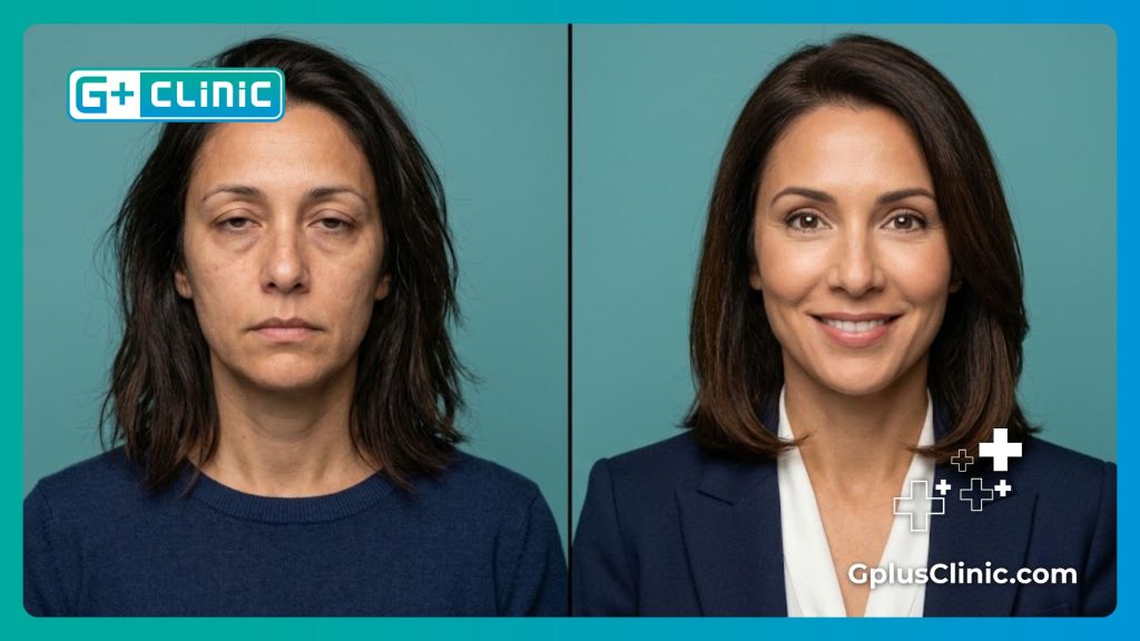 Split-screen comparison showing the amazing transformation before and after upper eyelid surgery.