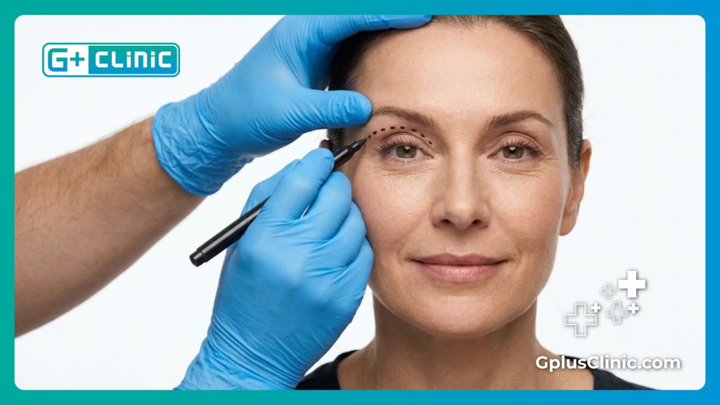 Close-up of a doctor carefully marking a patient's upper eyelids for precise blepharoplasty surgery.